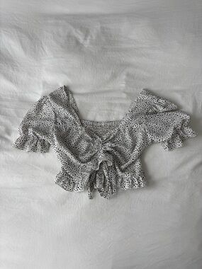 White Polka Dot Puff Sleeve Tie Front Top 🤍